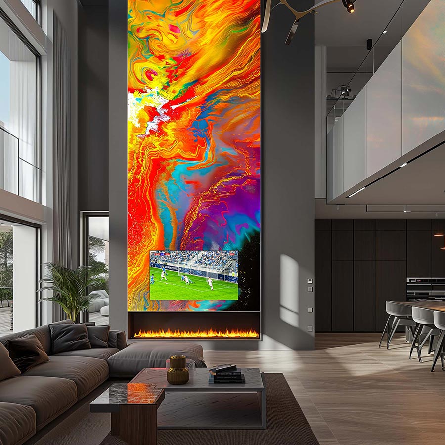 Tall LED wall with abstract art and smaller screen showing sports game
