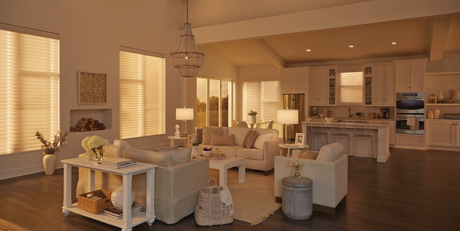 Open concept living room and kitchen with an automated lighting control system and motorized shades from Lutron. 
