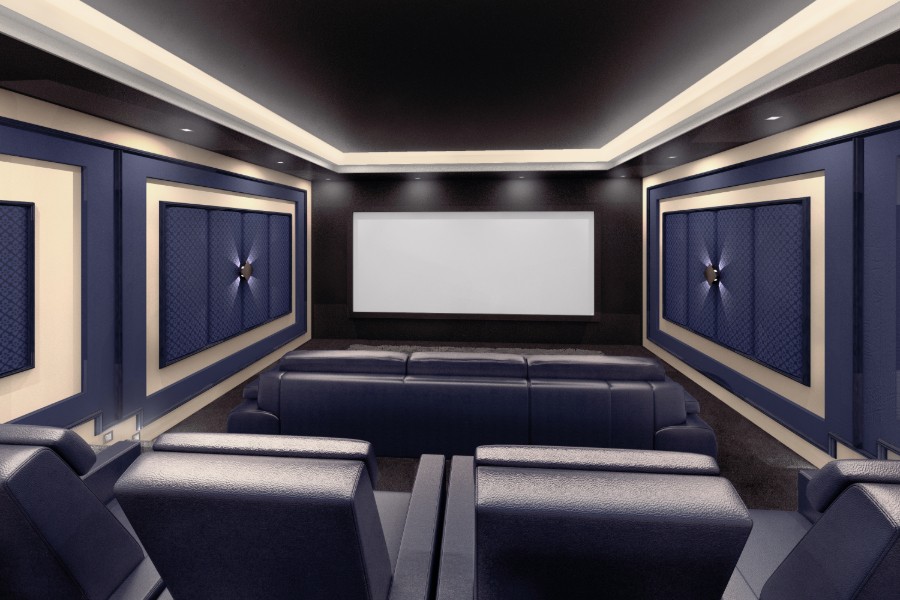 A stylish home theater showcasing blue leather seating.