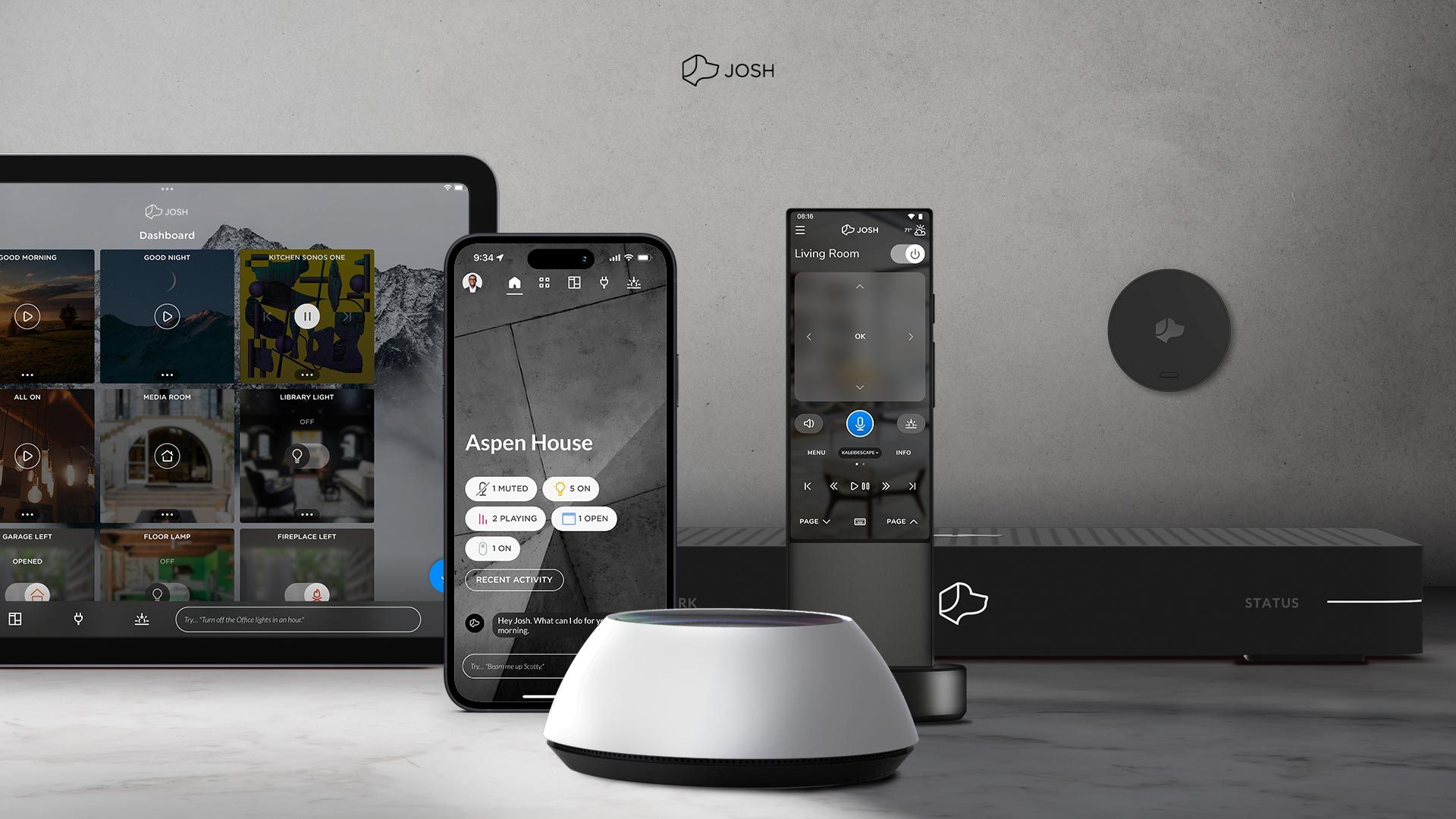 Image showcasing various Josh AI products including a tablet displaying a dashboard, a smartphone with the Aspen House interface, a smart remote control, a voice control device, and a hub, all placed on a sleek surface against a neutral background.